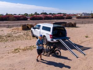 Sylvia, her recumbent trike and the truck she uses now