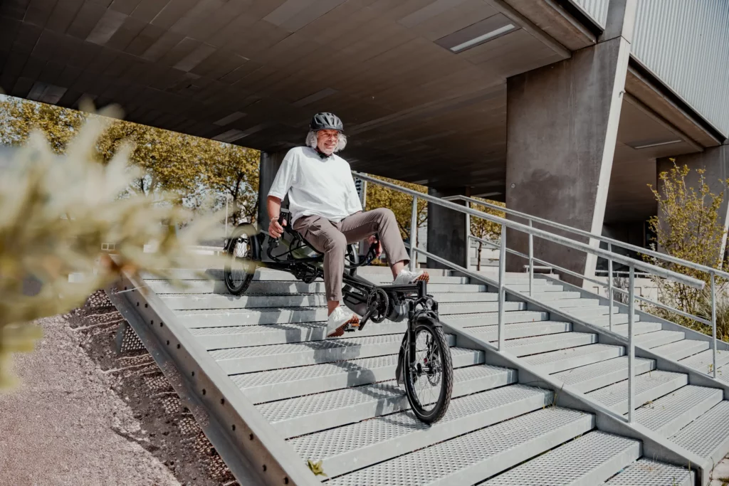 riding the stairs down on a full suspension delta trike